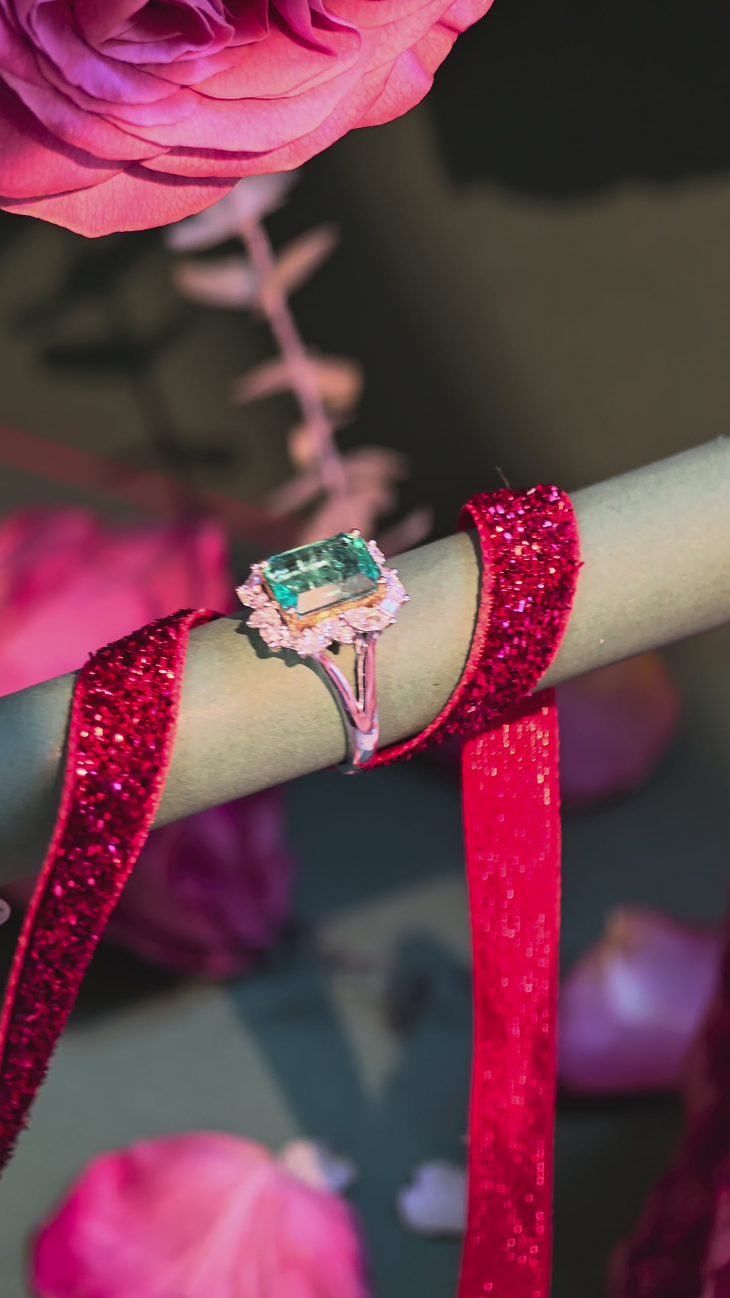 Emerald Halo Diamond Ring 18 Karat White Gold