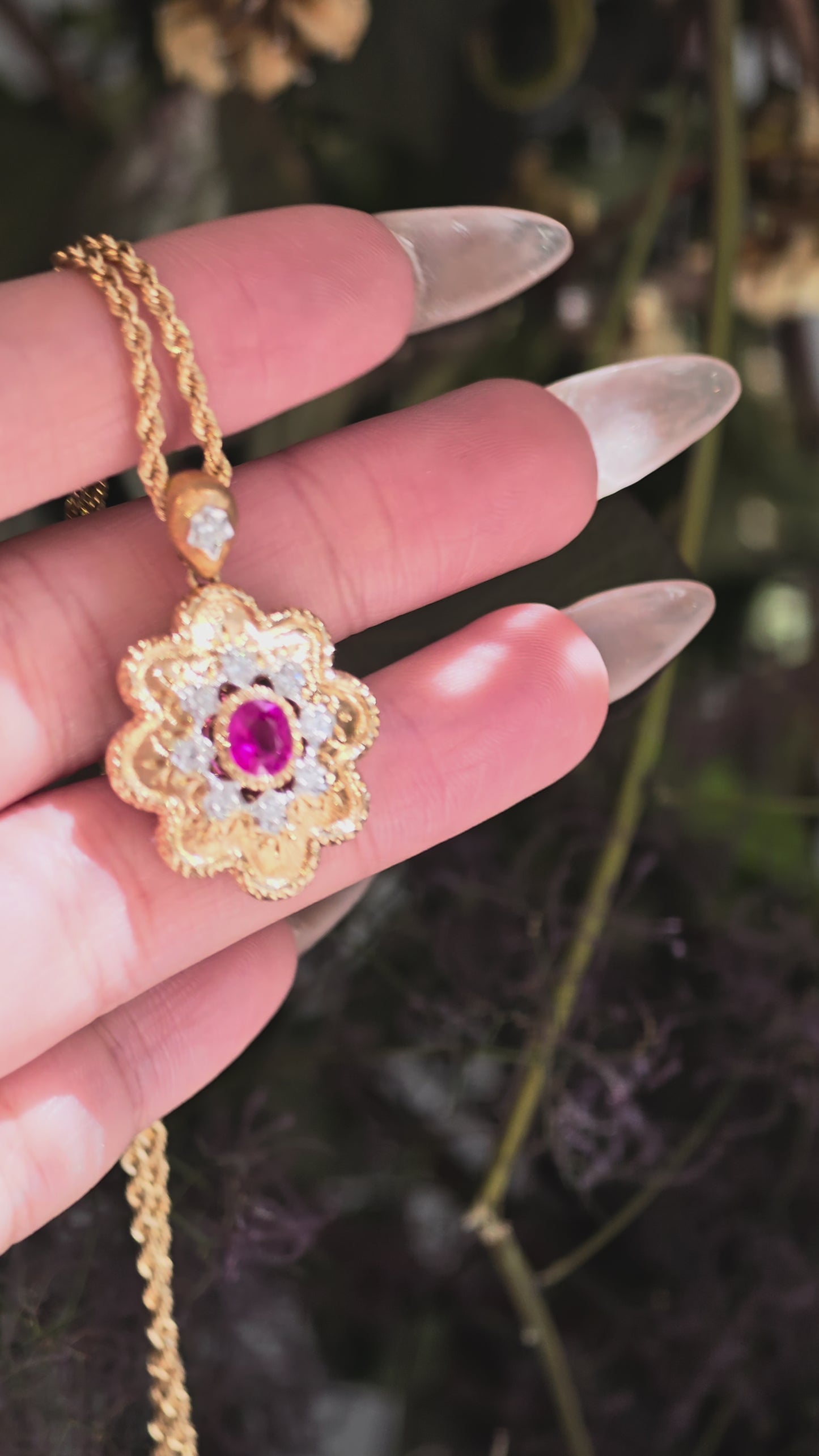 Ruby Aureole Diamond Pendant 18 Karat Yellow Gold