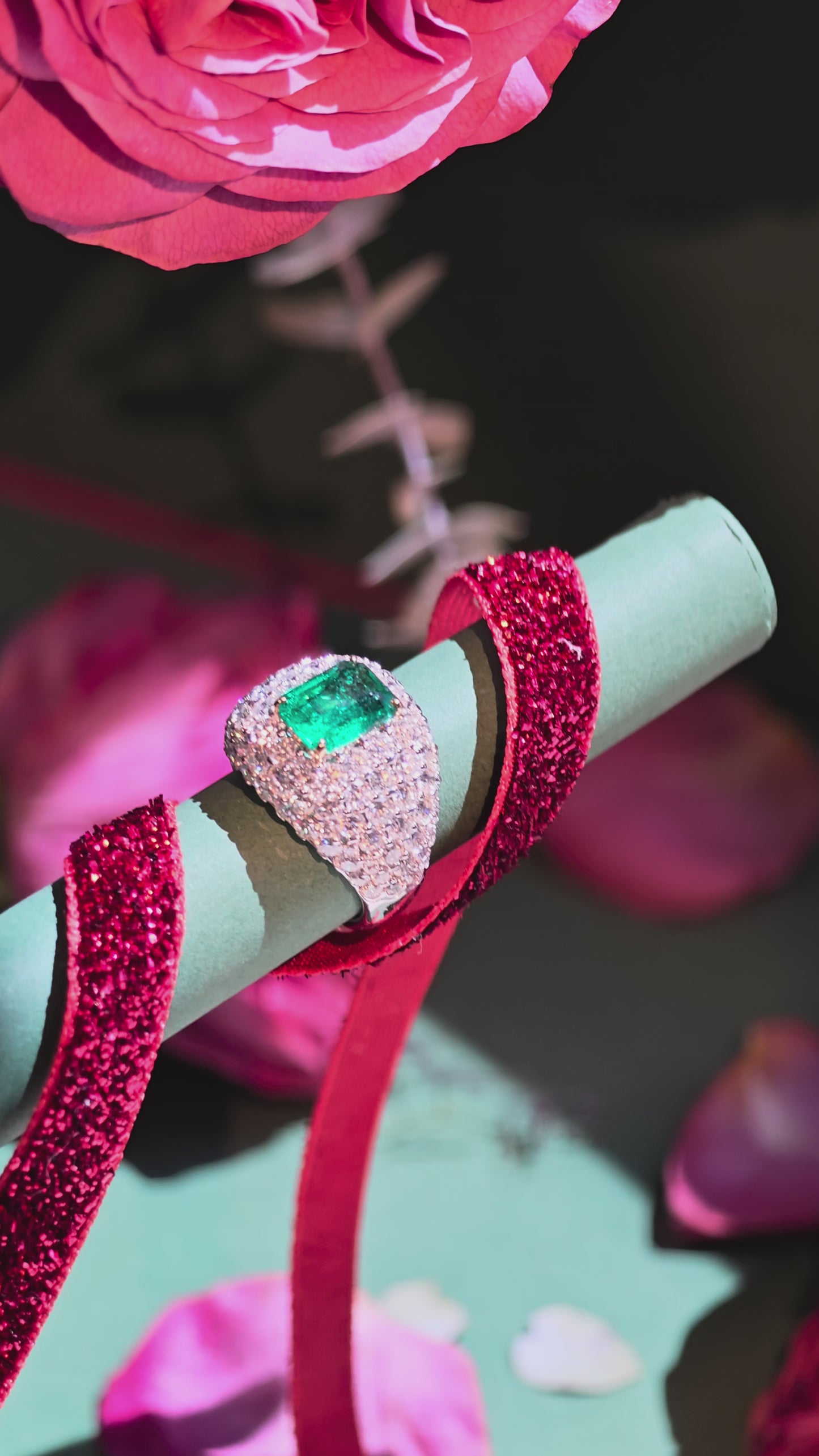 Emerald Diamond Dome Ring 18Karat White Gold