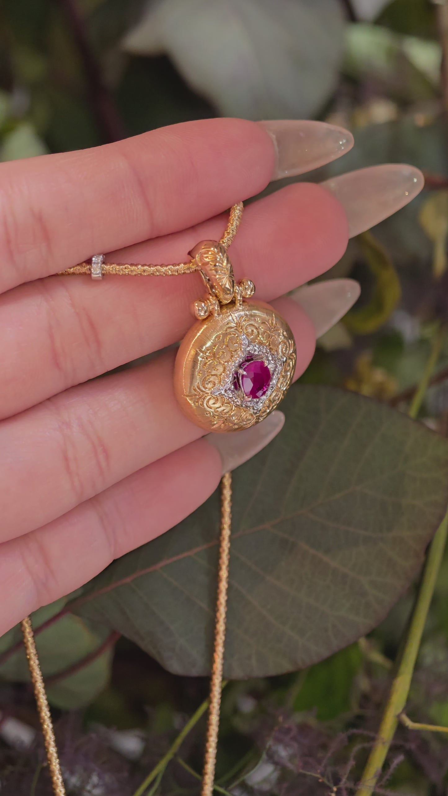 Ruby Pavilion Engraved Pendant 18 Karat Yellow Gold